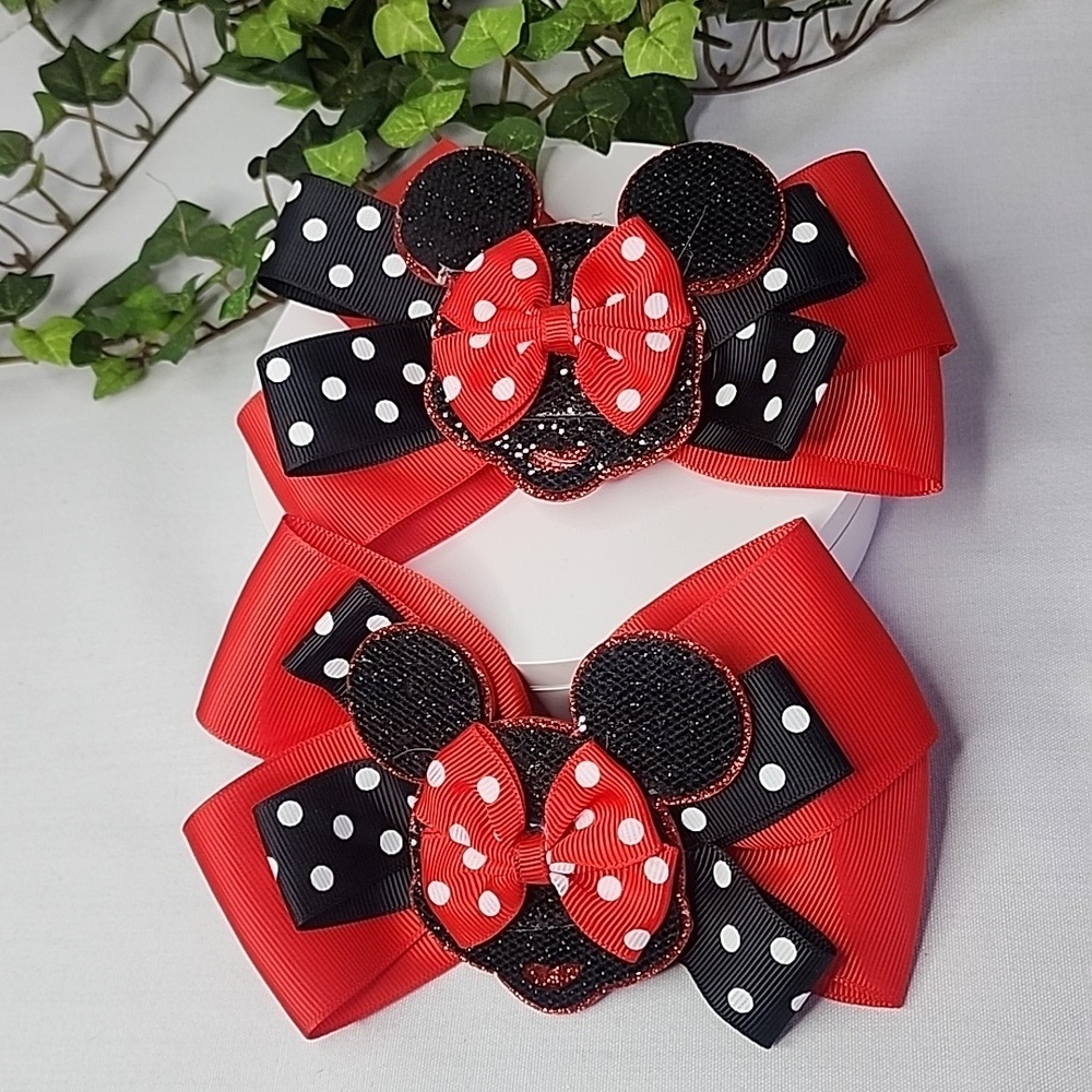Pair of Red and Black Ribbon Mickey Mouse Polka Dot Hair Bow Clips
